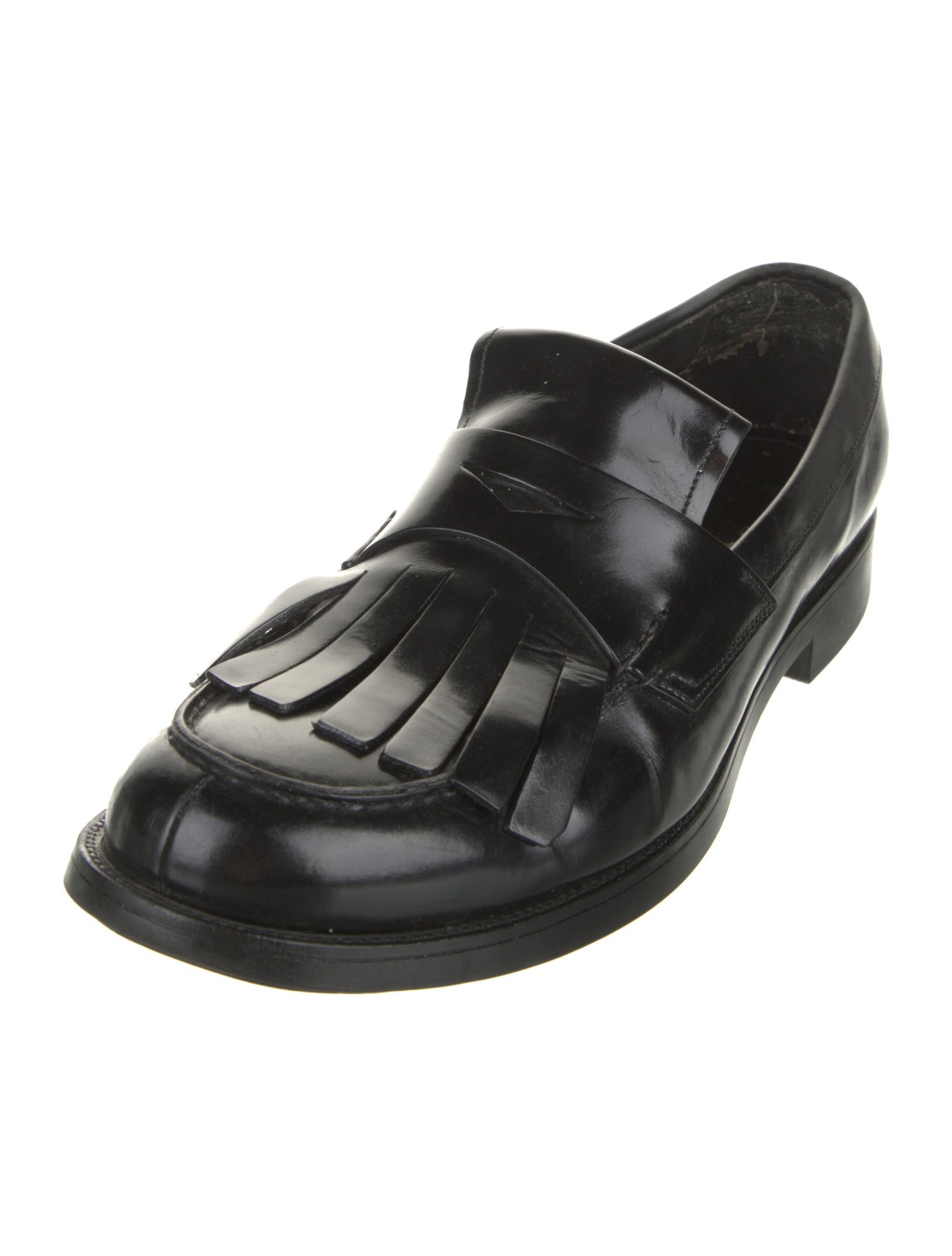 Prada Leather Fringe Trim Accent Dress Loafers
